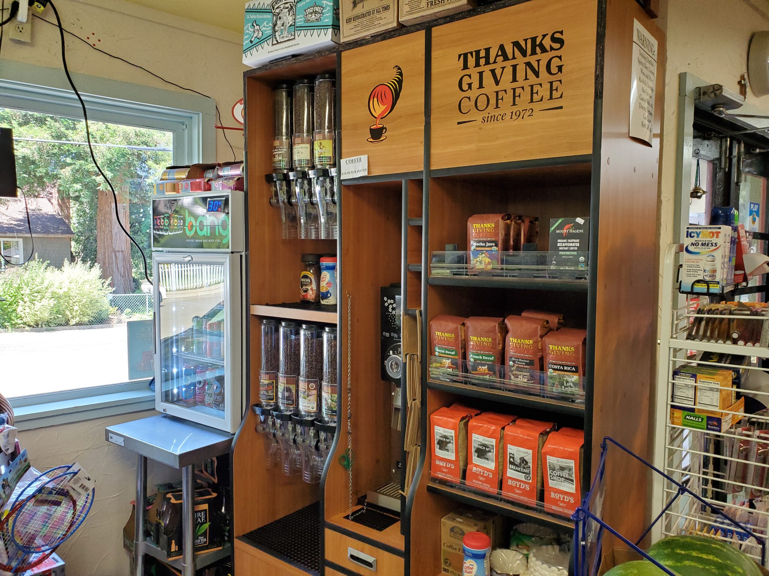 Thanksgiving Coffee Company whole bean stand.